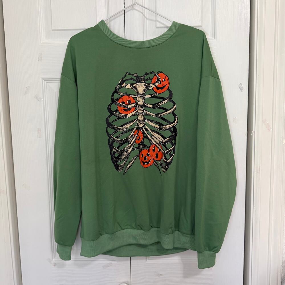 NWT Romwe Green Skeleton Print Crewneck Sweatshirt L
